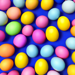 colorful easter eggs on a blue background, easter card, easter egg hunt