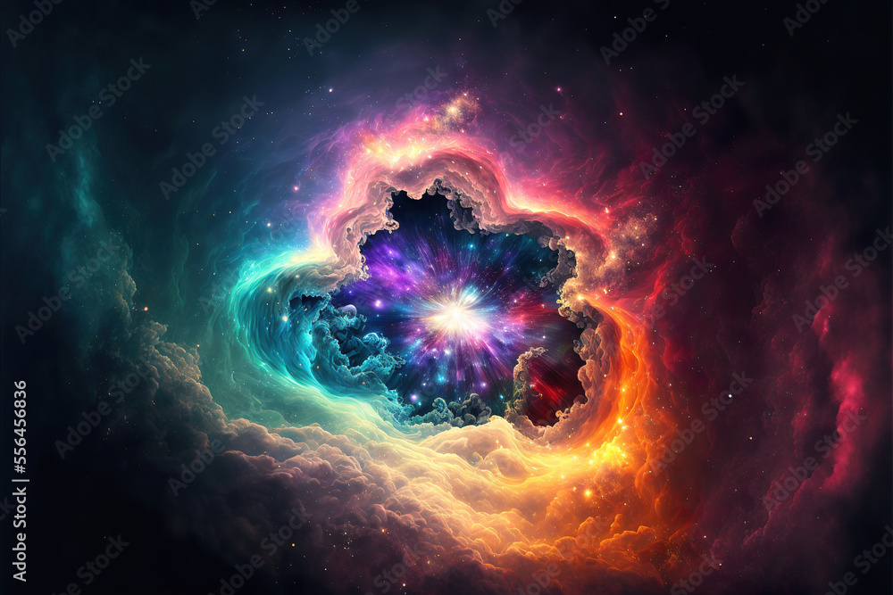 Poster beautiful colorful abstract supernova explosion nebula in space with stars, made with generative ai