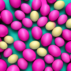 Fototapeta na wymiar viva magenta and yellow easter eggs on a green background, easter holiday, easter decoration