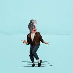 Contemporary art collage. Man with antique statue head in stylish leather jacket dancing over blue...