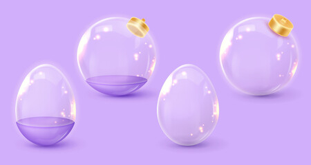 Purple Christmas balls, eggs,  boxes, cases with stand, bottom half, glass dome, gold elements and lights. Happy New Year Vector illustration for card, party, design, flyer, banner, web, advertising