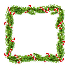 Fototapeta na wymiar Blank Christmas border, frame with green branch of Christmas tree, fir and candy cane with red and white stripes. Isolated on white background. Holiday design, decor. Vector illustration.