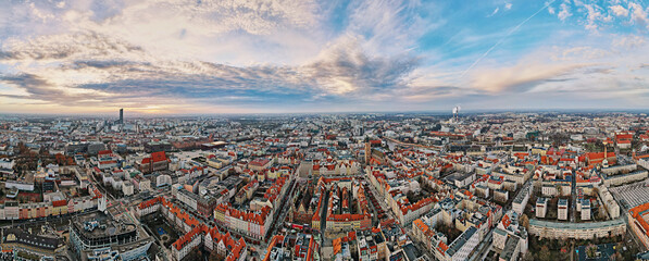 Aerial view of Wroclaw city panorama. Wroclaw architecture with city hall at main square and residential districts. Urban skyline of Wroclaw, Poland