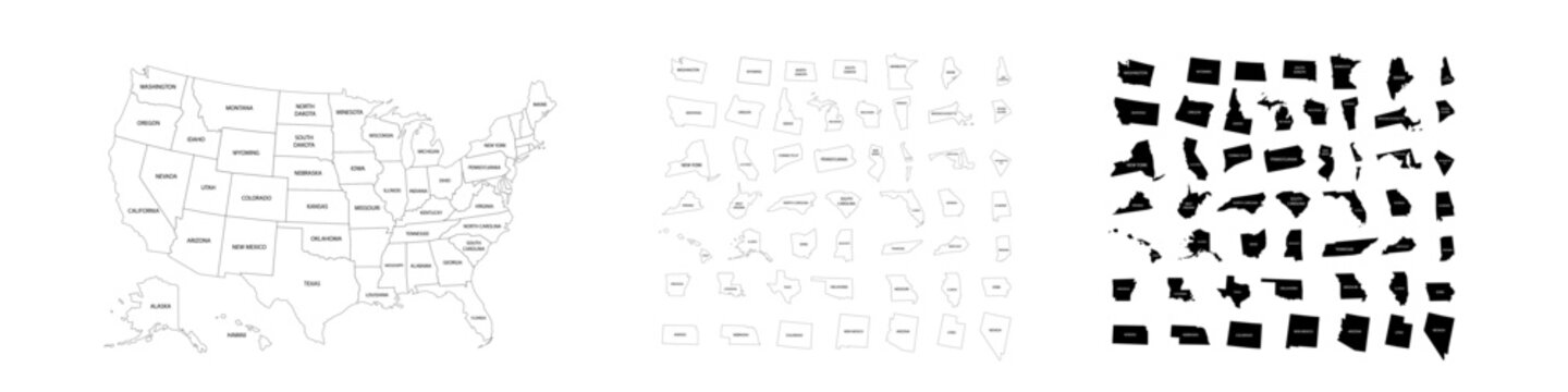 United states map with federal states in silhouette and linear style.