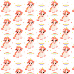 Cute seamless pattern with a magical unicorn character. Children's cartoon character with red mane, children's pattern