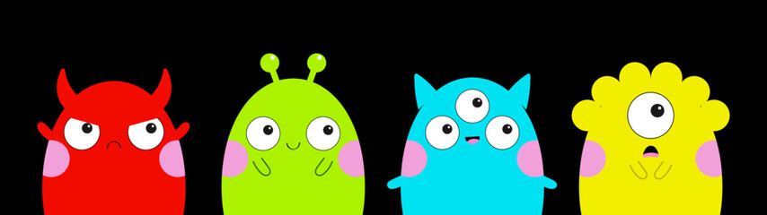 Cute monster face line set. Happy Halloween. Colorful animal. Funny Kawaii cartoon baby character. Three eyes, ears, horns, pink cheeks. Boo. Sticker print. Flat design. Black background.