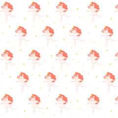 Cute seamless pattern with a magical unicorn character. Children's cartoon character with red mane, children's pattern