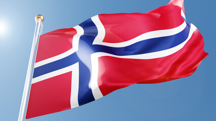 norway flag waving in the wind against a blue sky. norwegian national symbol on flagpole, 3d rendering
