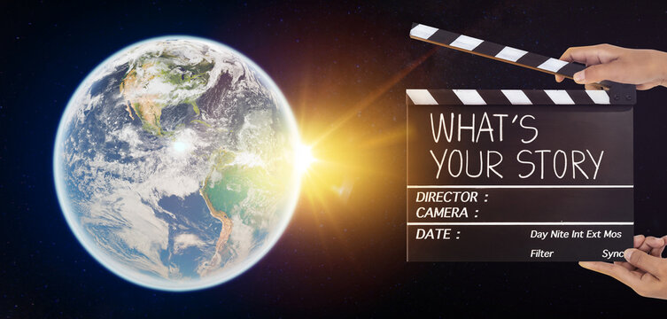 What's your story, Handwriting on film slate or clapperboard, and the earth in the universe in background. sci-fi movie concept.