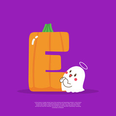 Pumpkin plus letter E with cute ghost emoji sticker beside it vector illustration. Flat Cartoon Style Suitable for sticker, logo and etc