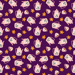 Seamless tea pattern, Herbal tea background, Teapots, tea accessories, Cute cartoon pattern with funny teapots, Kitchen textile prints, Wrapping paper, scrapbooking, backgrounds, wallpaper, Tea time