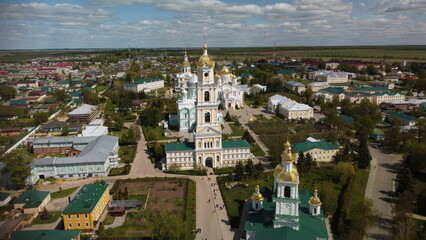 Palaces and bell towers in the city center. Nizhniy Novgorod. Russia. Drone photo. History is among us.