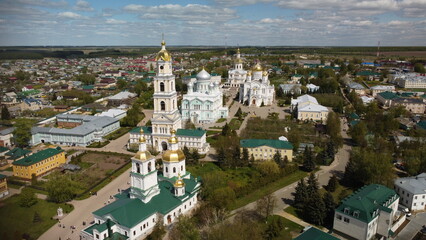 Fototapeta na wymiar Palaces and bell towers in the city center. Nizhniy Novgorod. Russia. Drone photo. History is among us.