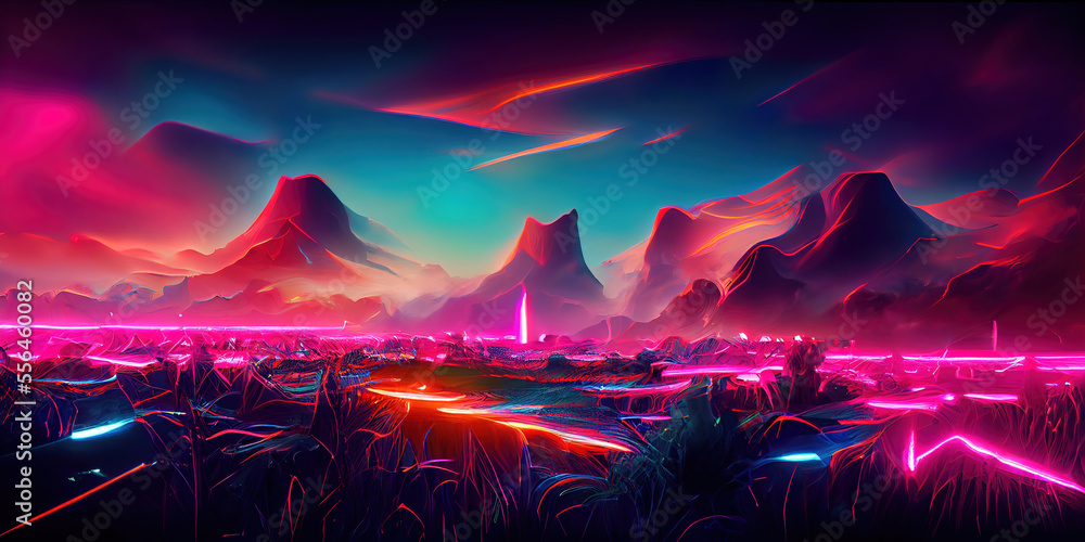 Canvas Prints synthwave style retro 80's color panoramic landscape background, made with generative a