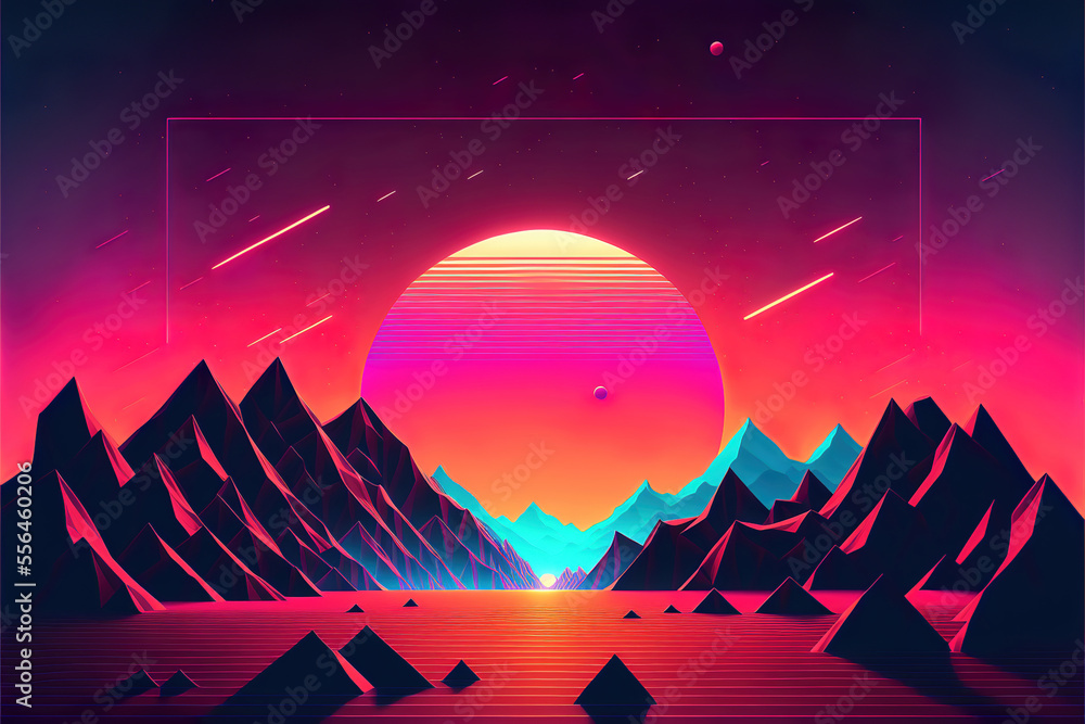 Canvas Prints retro 80's color synthwave style mountain landscape with sunset, retro computer graphic, made with g
