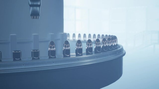 Cartridge factory for hand gun pistol or revolver. Conveyor line. Deadly weapon. Tons of gunpowder. 4k 3d render