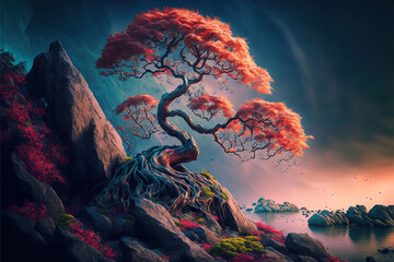 beautiful landscape with maple sakura cherry trees and mountains, beautiful lighting at sunset, made with generative ai