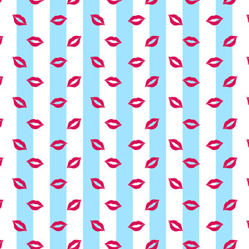 Lipstick kisses collection design isolated on white background. Woman's lip seamless pattern. Girl mouths close up with red lipstick makeup. Background for textile, wallpaper, covers, surface, print, 