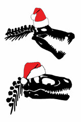 Graphical  set of silhouettes of dinosaur skulls  in Santa Claus red hat isolated on white background,vector Christmas elements