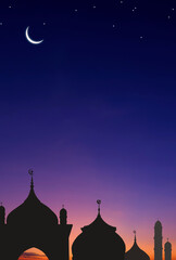 Silhouette Mosques Dome and Crescent Moon on dark blue Twilight sky in vertical frame, symbol islamic religion Ramadan and free space for text arabic, Eid al-Adha, Eid al-fitr, Mubarak - obrazy, fototapety, plakaty