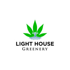 Fototapeta na wymiar light house logo design with abstract tree coconut palm beach marijuana leaf