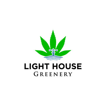 light house logo design with abstract tree coconut palm beach marijuana leaf