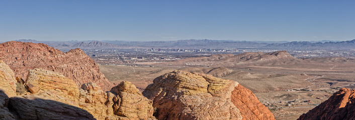 Panorama of Las Vegas Red Rock Canyon's Calico Tanks Overlooking Vegas Strip During the Day