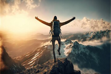 man with open arms jumping on the top of mountain, wide view, Hiker with backpack, ai generated - obrazy, fototapety, plakaty