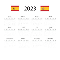 Calendar in Spanish for 2023. The week starts from Monday. Vector illustration