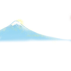初日の出に輝く雪化粧の富士山　霧の中　年賀状
