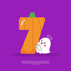 Pumpkin plus number 7 with cute ghost emoji sticker beside it vector illustration