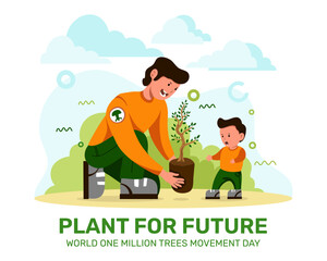 Father and son plant a tree for future. One million trees movement