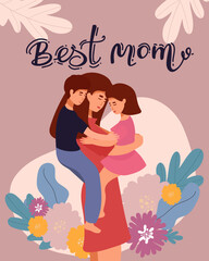 Happy Mother s Day Greeting Card. Vector Illustration Of Mother Holding Baby Son and daughter In Arms.