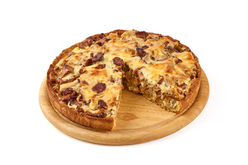 Homemade quiche with chanterelle mushrooms, isolated on white background.
