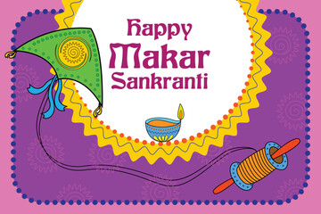 illustration of Happy Makar Sankranti wallpaper with colorful kite string for festival of India