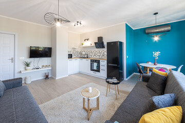 New modern living room with kitchen. New home. Interior photography