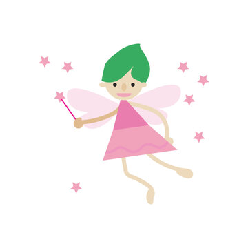Cute fairy girl and short hair and stars in pink beautiful dress.