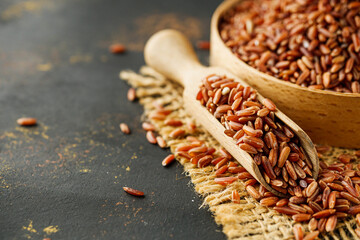 raw fresh red rice on a dark rustic background
