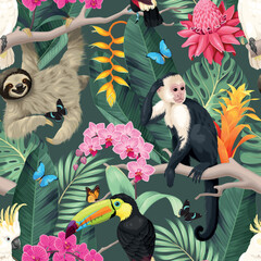 Seamless pattern with exotic flowers and animals © olga_igorevna