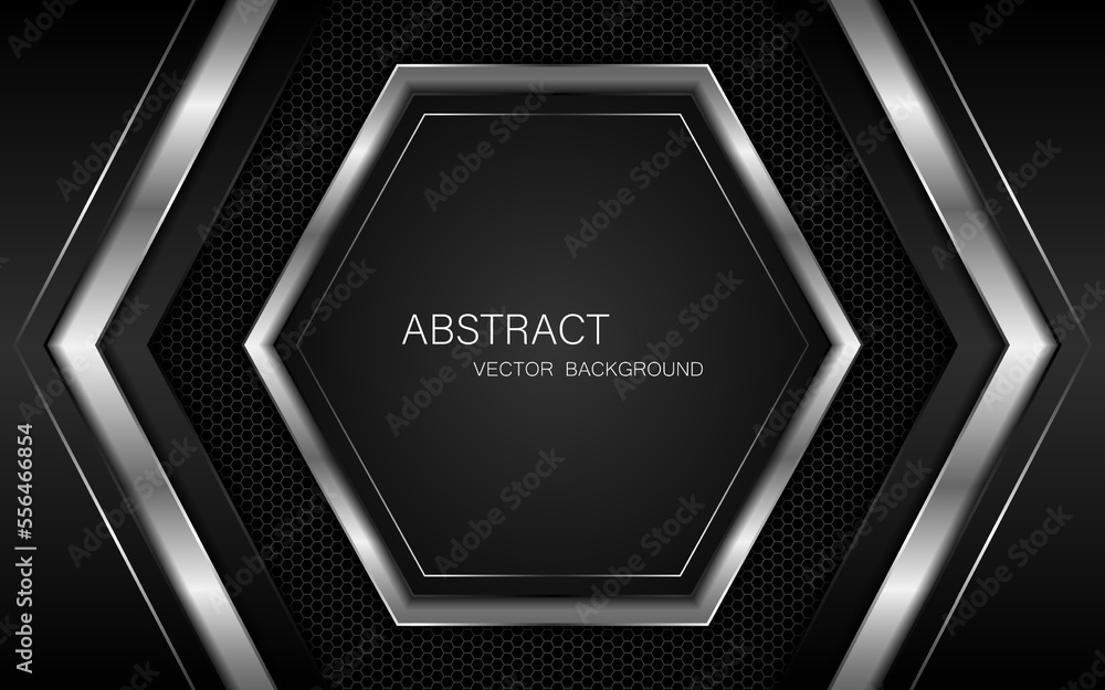 Poster abstract black and silver polygons on dark steel mesh background. with free space for design. modern