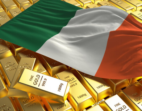 Ireland national country flag on Golden ingots bars pyramid plate national foreign-exchange reserve banking economy system 3d rendering image concept