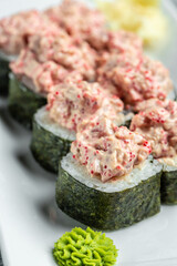 sushi roll tuna, Traditional rice combination, cucumber, cheese cream, spice tuna, Food recipe background. Close up