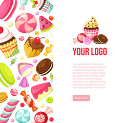 candy background. colored pictures of sweets lollipop and cupcakes. Vector template with place for personal text