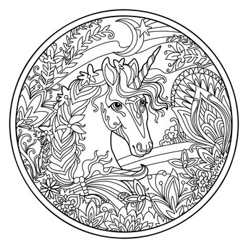 Unicorn in flowers round coloring vector illustration
