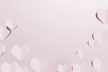 3d render of flying paper hearts on a pastel pink background