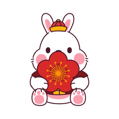 White Rabbit Character With Chinese Flower, Transparent Background Illustration