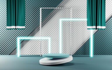 3D render of Podium background in blue tones for displaying cream products. cosmetics