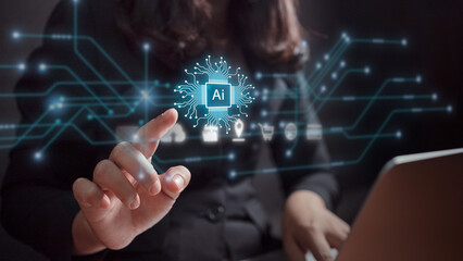 businesswoman hand touching digital transformation change management, internet of things. new technology and business process strategy, customer service management, cloud computing, smart industry.