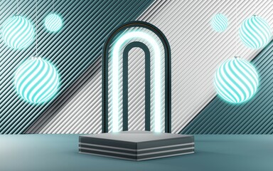 3D render of Podium background in blue tones for displaying cream products. cosmetics