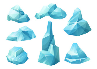 Glaciers, iceberg pieces, blue blocks of ice, frozen water and snow. Crystals of ice, iceberg broken pieces of ice, icicles, cold frozen blocks ice mountain